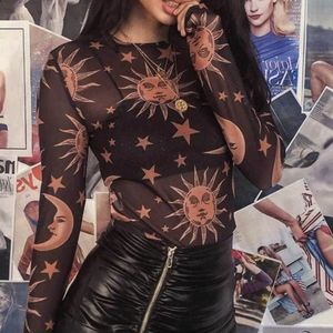 See Through Mesh Moon & Stars Long Sleeve Crop Top | Medium